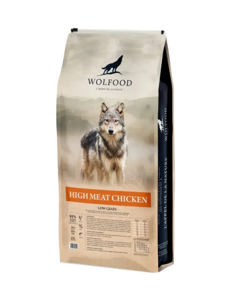 [J26020031] High Meat au poulet Low grain - Chiot/Chien adulte (12 kg) - Wolfood