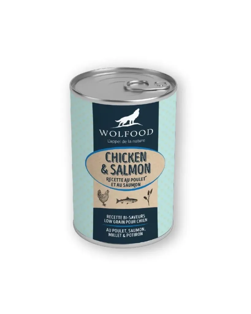 [J26020036] Pâtée poulet et saumon (12 boîtes 400 g) - Wolfood