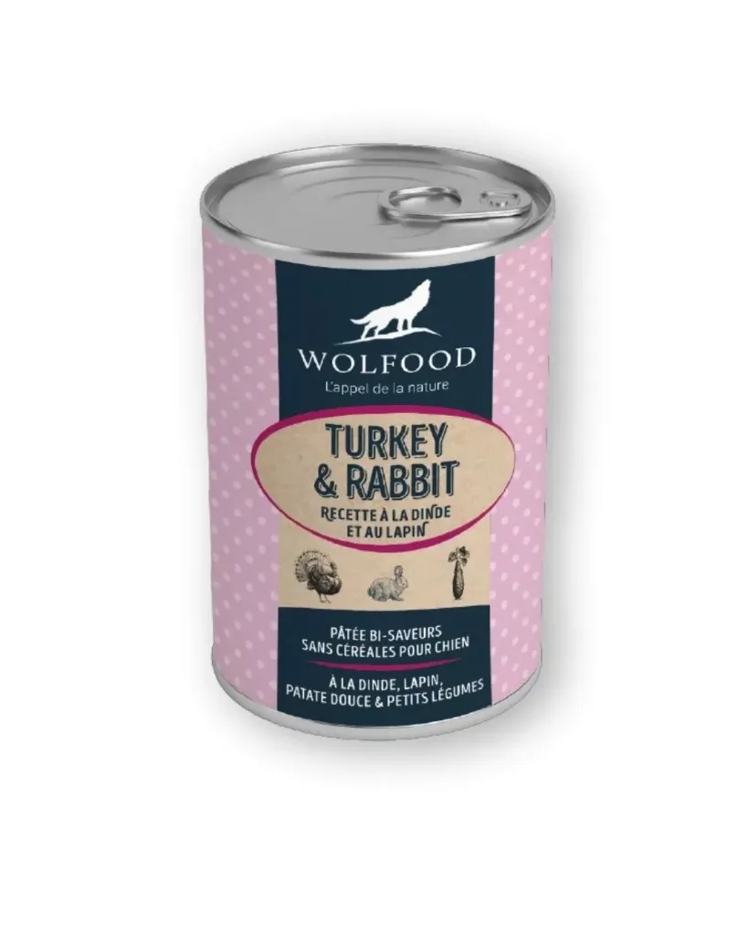 [J26020038] Pâtée dinde et lapin (12 boîtes 400 g) - Wolfood