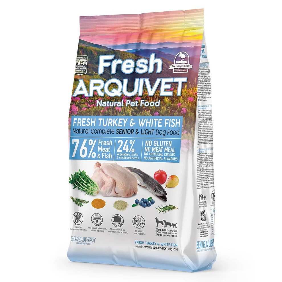 [J26030132] Aliment semi-humide Light à la dinde et au poisson blanc frais - pour chiens seniors ou en surpoids (2.5 kg) – Arquivet