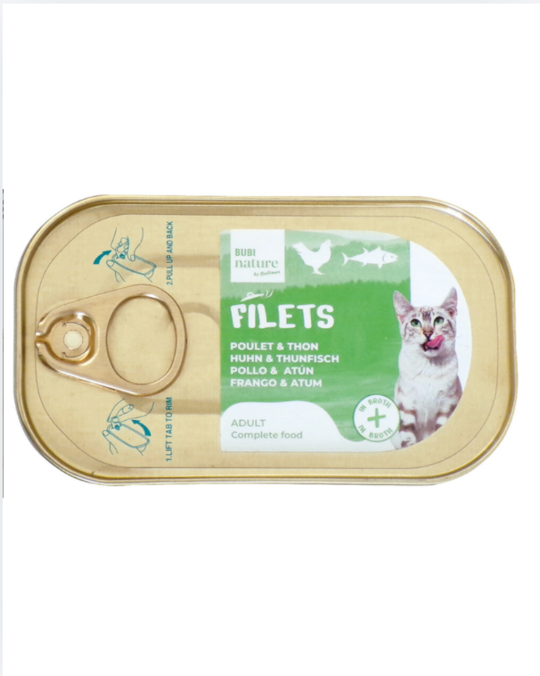 Filets adulte poulet/thon complet bouillon chat (boîte 85 g) - Bubi Nature