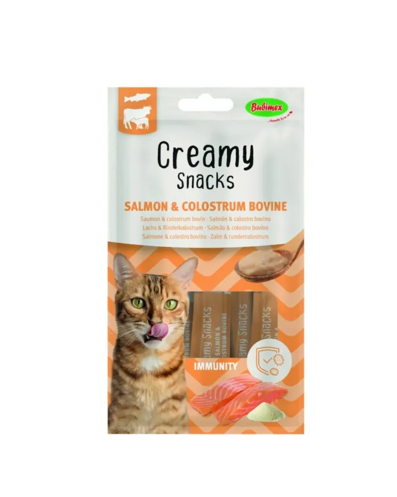 Creamy snacks saumon et poudre de colostrum bovin chat (4 sticks 15 g) - Bubimex