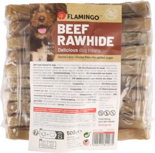 [10015] *Lot de 20 x 8 cm" Os à mâcher 100% peau de Buffle (500 g) - Flamingo