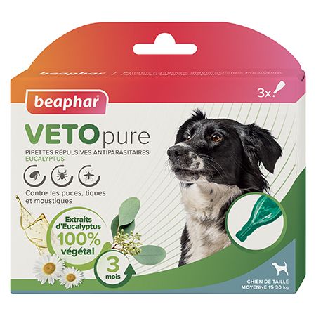 [15745] Pipettes répulsives antiparasitaires à l'Eucalyptus Chien Moyen Vetopure (3 pipettes) - Beaphar