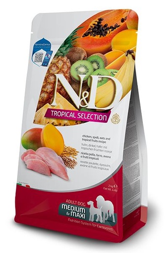 [55026-001] Poulet, Epeautre, Avoine et Fruits Tropicaux dulte Medium & Maxi (10 kg) - Farmina