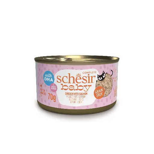 [55047] Boite Baby Poulet/Saumon en bouillon et fillets (70 g) - Schesir