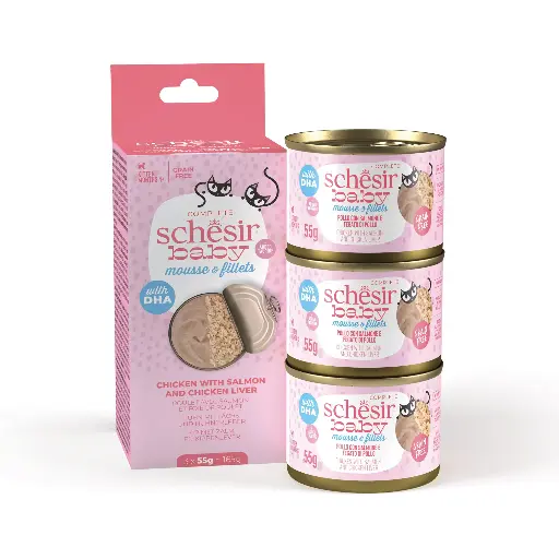 [55050] Boites Baby Poulet/Foie de Poulet/Saumon en mousses et fillets (3 x 55 g) - Schesir