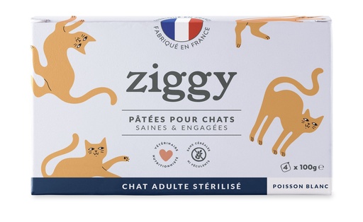 [55527] Pâtée Complète Chat Adulte Stérilisé - Poisson Blanc (4 barquettes 100 g) - Ziggy
