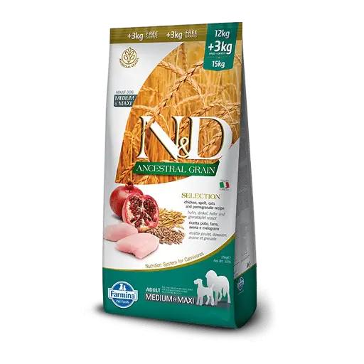 [J25030069] Poulet & Grenade Ancestral Grain chien adulte medium & maxi (12 kg + 3 offerts) - Farmina 