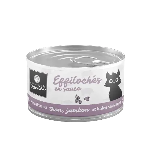 [J25040071] Effiloché thon jambon baies sauvages pour chat (85 g) - Les recettes de Daniel